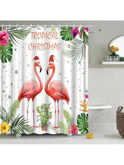 Festive Flamingo Delight: Tropical Christmas Shower Curtain & Accessories Set