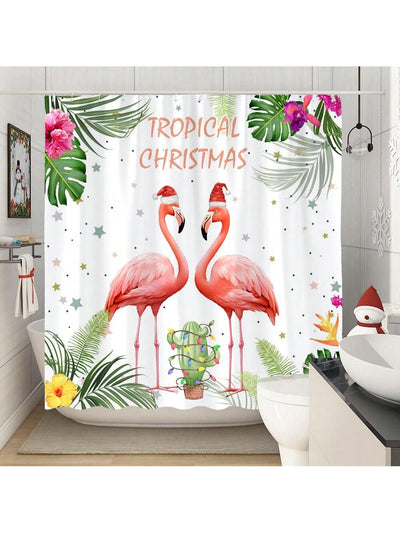 Festive Flamingo Delight: Tropical Christmas Shower Curtain & Accessories Set