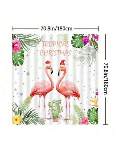 Festive Flamingo Delight: Tropical Christmas Shower Curtain & Accessories Set