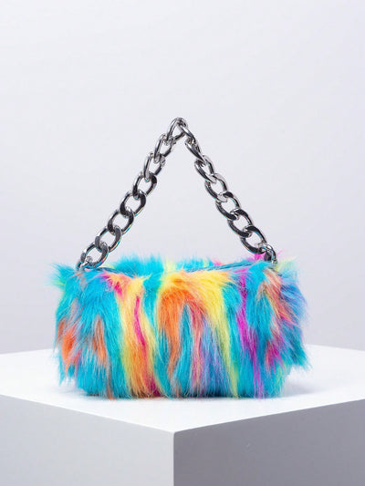The Rainbow Furry tote is the perfect accessory for trendy girls. With its metal chain and fluffy bucket design, it's both stylish and functional. The rainbow fur adds a fun pop of color, while the metal chain provides durability and convenience. Carry all your essentials in this must-have bag.