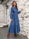 Retro-Chic Denim Dress: Lantern Sleeve & Ruffle Hem