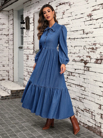 Retro-Chic Denim Dress: Lantern Sleeve & Ruffle Hem