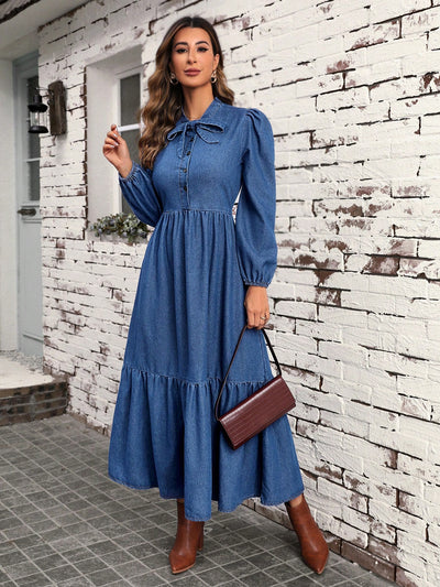 Retro-Chic Denim Dress: Lantern Sleeve & Ruffle Hem