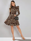 Chic Leopard Print Mock Neck Gigot Sleeve Dress - Statement Elegance