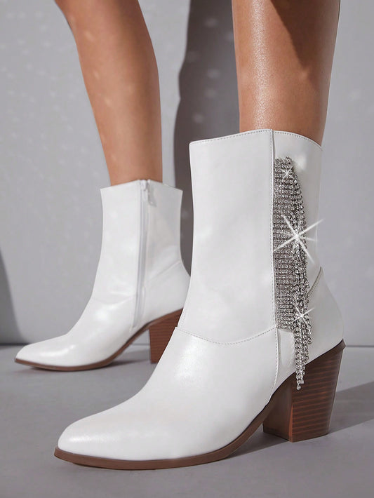 Rhinestone Glam: Side Zipper Chunky Heeled Boots