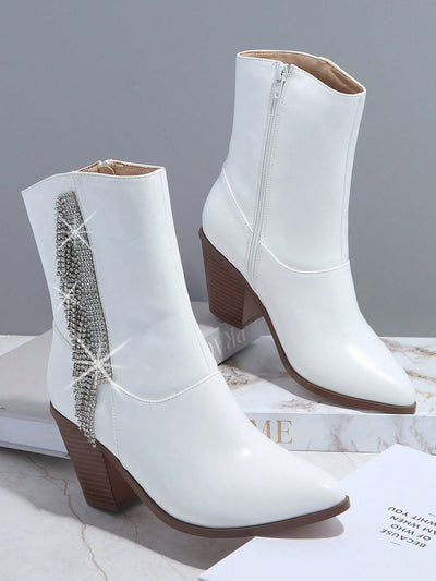 Rhinestone Glam: Side Zipper Chunky Heeled Boots