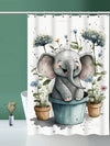 This high-quality polyester shower curtain features a charming gray elephant design accented with delicate floral details and flowerpots. Made with waterproof material, it adds a touch of whimsy and functionality to any bathroom window. Protect your floors from water damage and enhance your bathroom decor with this elegant and durable curtain.