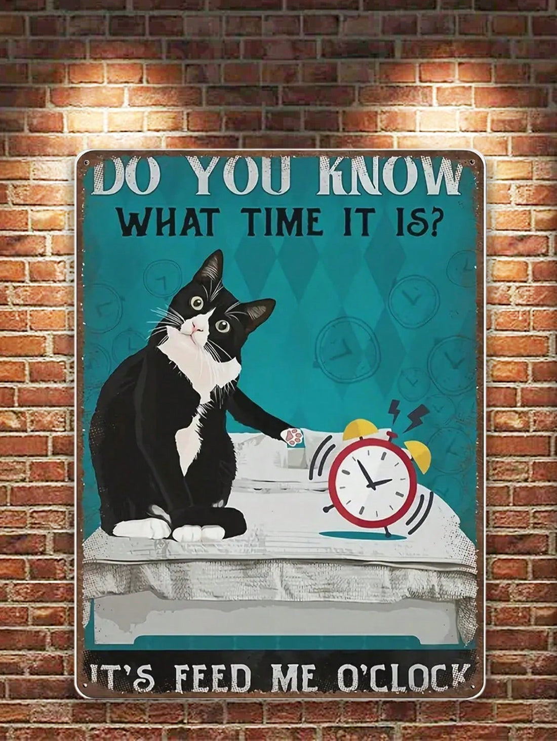 Transform your home and kitchen decor with our Whimsical Vintage Cat Clock Sign! This charming tin wall art features a vintage cat design and quotes 'It's Feed Me O'Clock' for a playful touch. A perfect addition to any cat lover's home, this clock also serves as a reminder for feeding time.