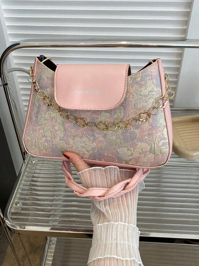 Chic Vintage Floral Chain Shoulder Bag for Women - Elegant Underarm Purse with Braided Strap