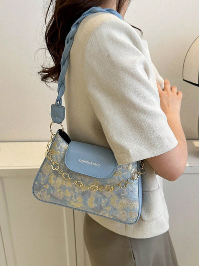 Chic Vintage Floral Chain Shoulder Bag for Women - Elegant Underarm Purse with Braided Strap