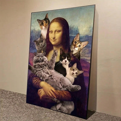 Whimsical Wall Art: Mona Lisa and Cute Cats Canvas Painting