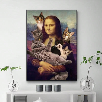 Whimsical Wall Art: Mona Lisa and Cute Cats Canvas Painting