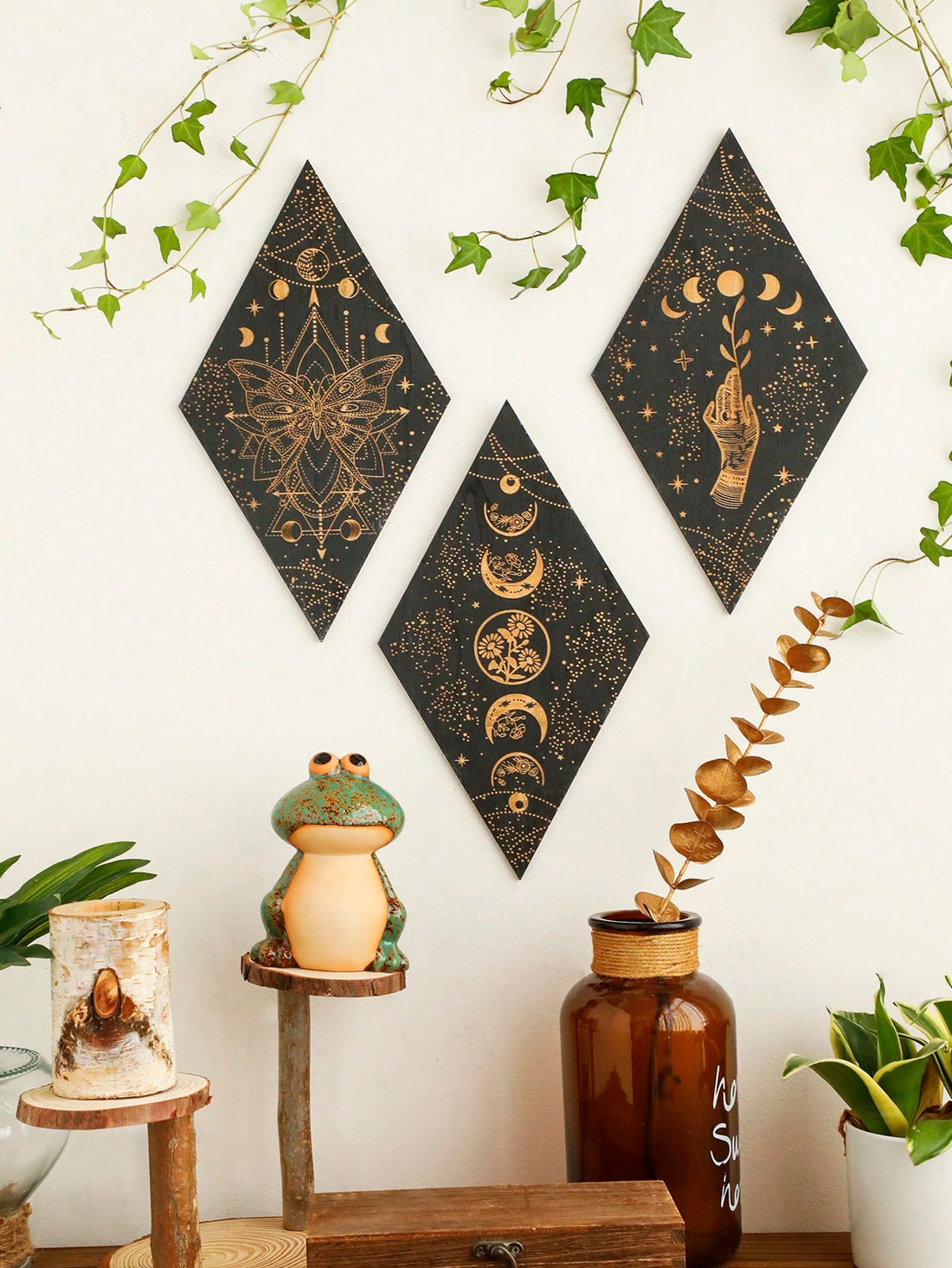 Enhance your bohemian style with our Mystical Moon and Stars Wooden Wall Decor. Crafted with intricate design and expert craftsmanship, this piece will bring a touch of magic to any room. Embrace your free spirit with this unique and beautiful addition to your home.