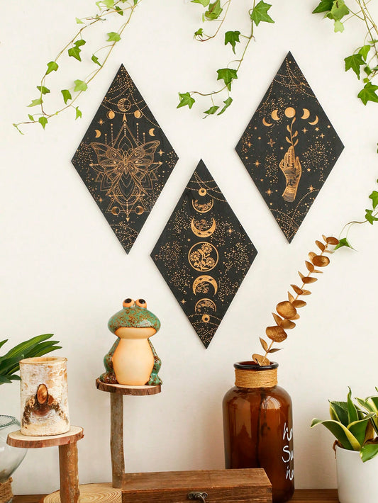 Enhance the ambiance of your home with our Mystical Moon Phases Wall Decor. This stunning piece will bring a touch of boho chic to any room. Embrace the calming energy of the moon and add a unique element to your space. Crafted with precision and style, this is a must-have for any home.