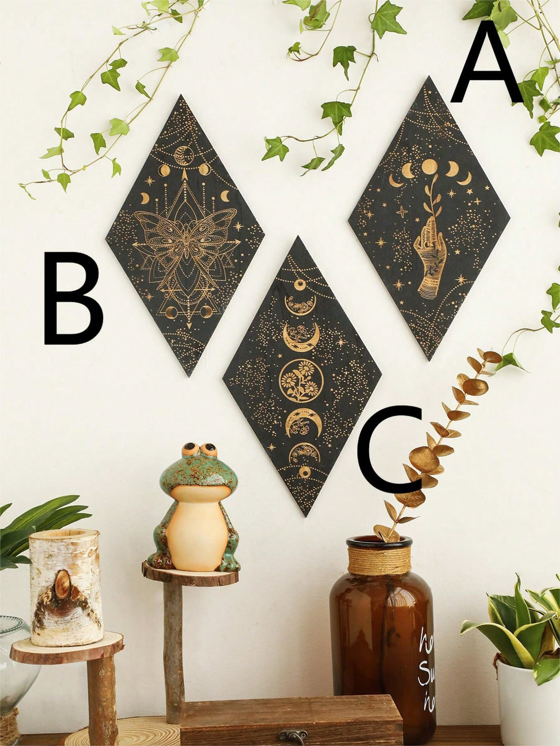 Enhance your bohemian style with our Mystical Moon and Stars Wooden Wall Decor. Crafted with intricate design and expert craftsmanship, this piece will bring a touch of magic to any room. Embrace your free spirit with this unique and beautiful addition to your home.