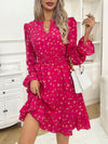 Floral Fantasy: Ditsy Floral Print Notch Neck Shirred Waist Dress