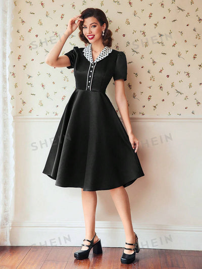 Chic and Classic: Polka Dot Puff Sleeve Dress with Contrast Collar