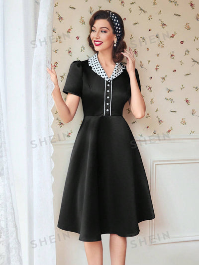 Chic and Classic: Polka Dot Puff Sleeve Dress with Contrast Collar