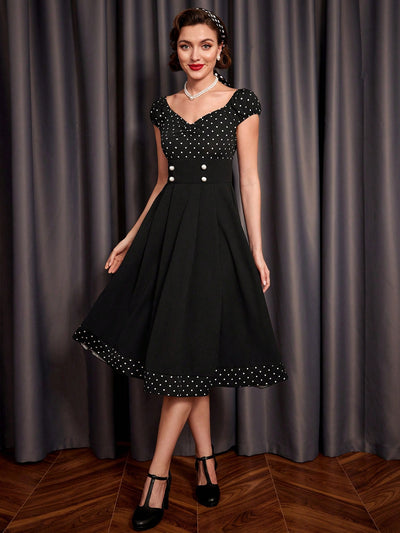 This Sweetheart Polka Dot Pleated Dress features a flattering sweetheart neckline and charming polka dot pattern. The pleated design adds a touch of elegance, while the fake button detail adds a fun and unique element. Perfect for any occasion, this dress will make you feel confident and stylish.