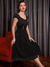 Sweetheart Polka Dot Pleated Dress with Fake Button Detail