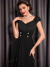 Sweetheart Polka Dot Pleated Dress with Fake Button Detail