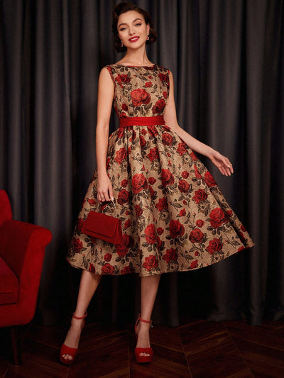 Vintage Rose Dream: Elegant Printed Dress with Bow Belt and Umbrella Skirt