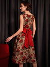 Vintage Rose Dream: Elegant Printed Dress with Bow Belt and Umbrella Skirt