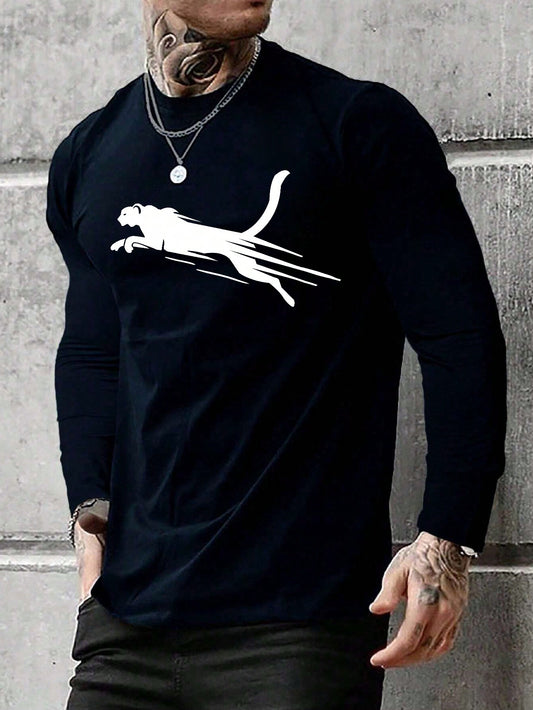 Trendy Men's Leopard Print Casual T-Shirt - Stylish Round Neck & Long Sleeve for Spring/Summer