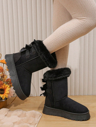 Cozy Bowknot Mid-Calf Snow Boots with Thick Sole & Fleece Lining for Winter Warmth