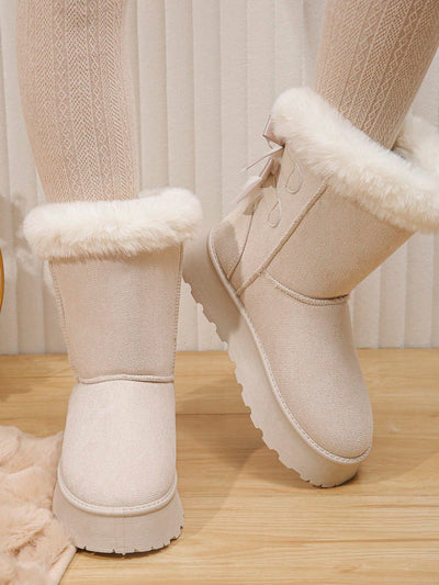 Cozy Bowknot Mid-Calf Snow Boots with Thick Sole & Fleece Lining for Winter Warmth