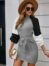 Chic Color Block Raglan Sleeve Sweater Dress with Belt - Perfect for Any Occasion!