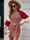 Chic Color Block Raglan Sleeve Sweater Dress with Belt - Perfect for Any Occasion!