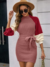 Chic Color Block Raglan Sleeve Sweater Dress with Belt - Perfect for Any Occasion!