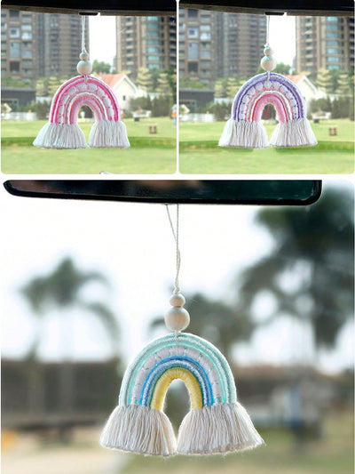 Colorful Charm: Handmade Rainbow Woven Pendant for Car Rearview Mirror