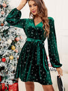 Chic Velvet Snowflake Print Lantern Sleeve Dress with Belt