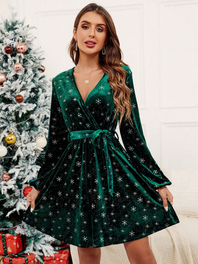 Chic Velvet Snowflake Print Lantern Sleeve Dress with Belt