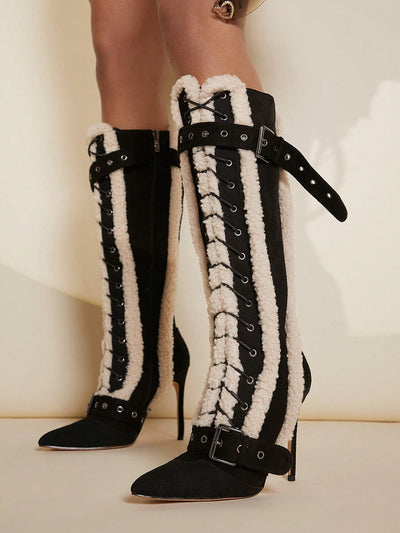 Cozy Chic: Fuzzy Trim Buckle Stiletto Heeled Boots