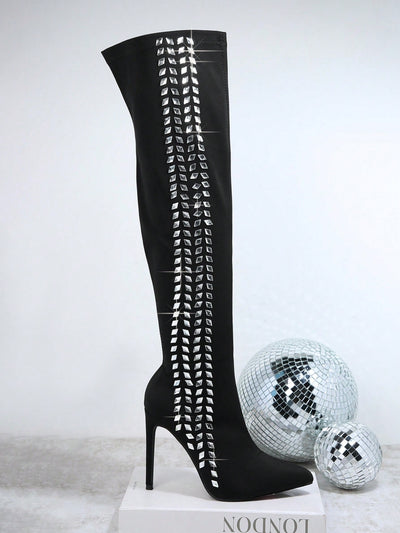 Sparkling Rhinestone Stiletto Heeled Boots with Side Zipper