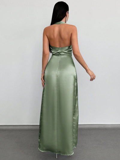 Elegant Backless Satin Maxi Dress with Halter Neck Design