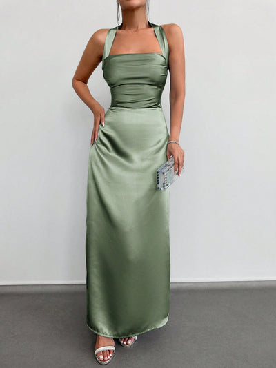 Elegant Backless Satin Maxi Dress with Halter Neck Design