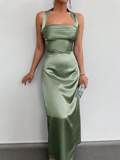 Elegant Backless Satin Maxi Dress with Halter Neck Design