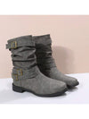 Vintage Chic: Women's Gray Motorcycle Boots with Pointed Toe and Flat Heel