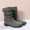 Vintage Chic: Women's Gray Motorcycle Boots with Pointed Toe and Flat Heel