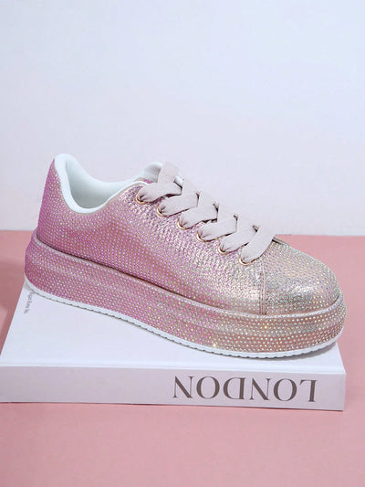 Sparkling Steps: Rhinestone Detail Lace-Up Flatform Sneakers