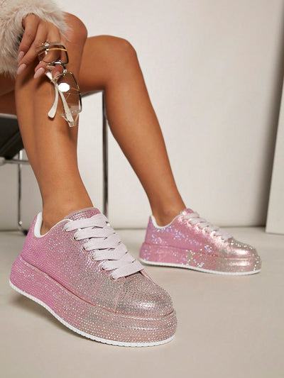 Sparkling Steps: Rhinestone Detail Lace-Up Flatform Sneakers