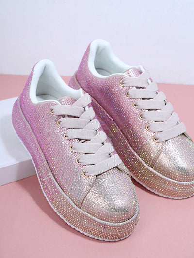 Sparkling Steps: Rhinestone Detail Lace-Up Flatform Sneakers