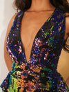 Radiant Elegance: Plunging Neck Sequin Draped Dress