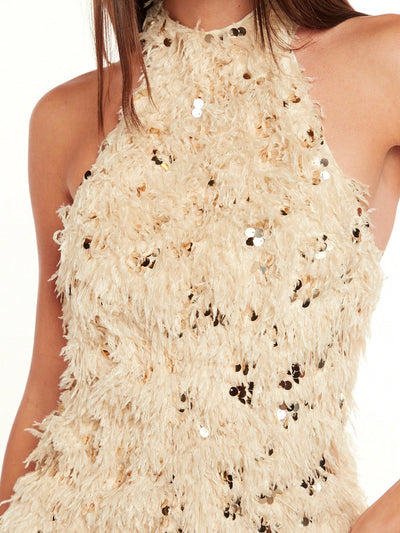 Radiant Nights: Light Champagne Velvet Halter Sequin Dress for Unforgettable Party Vibes