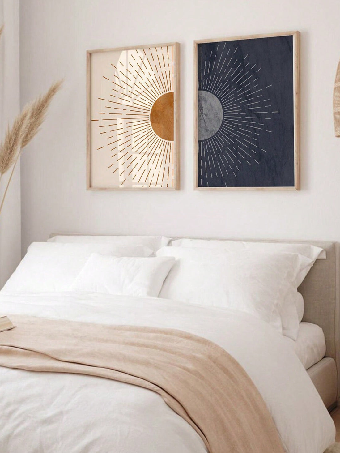 Elevate your home decor with the Dreamy Celestial Duo art prints. These mid-century bohemian designs feature a stunning combination of the moon and sun, adding a dreamy and celestial touch to any room. Made with high-quality materials, these prints will enhance your modern aesthetic in a unique and stylish way.