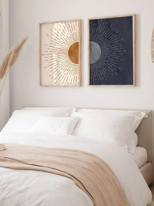 Dreamy Celestial Duo: Moon & Sun Mid-Century Bohemian Art Prints for Modern Home Decor